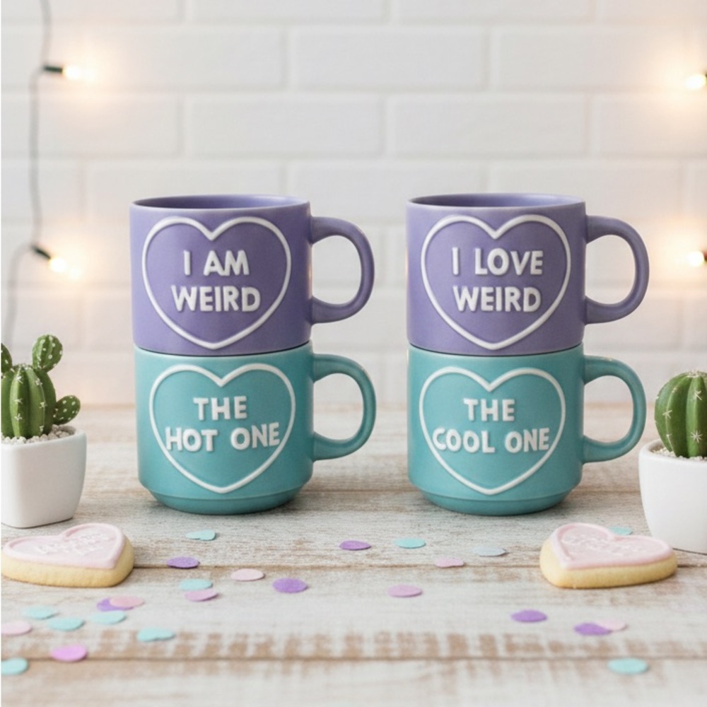 Set of 4 Valentine Conversation Heart Mugs - Purple & Teal NEW